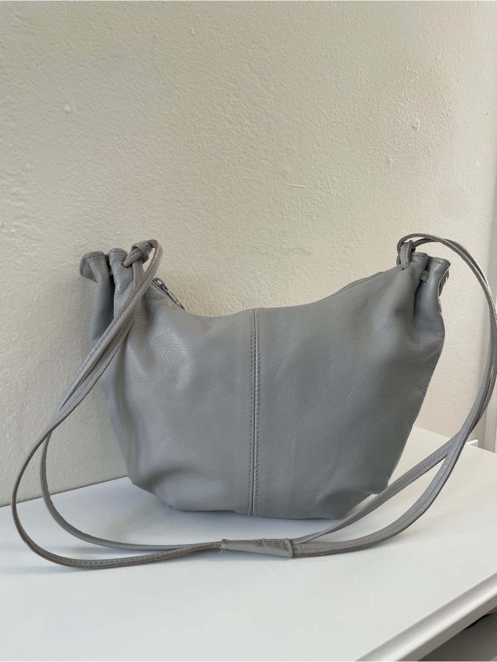 Soft Crescent Leather Hobo Bag in Light Gray